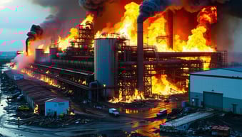 An image of a huge manufacturing or production facility that suffered a large fire explosion due to combustible dust like the Domino Sugar explosion