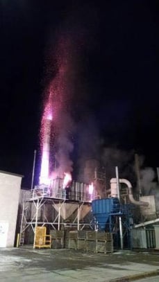 Burning rubber dust sends flames shooting into the sky during the Jasper Rubber Plant fire. 